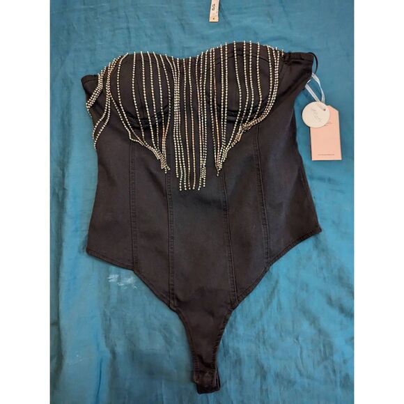 BLASHE strapless black denim bodysuit with metal fringe sz s nwt - Picture 1 of 6